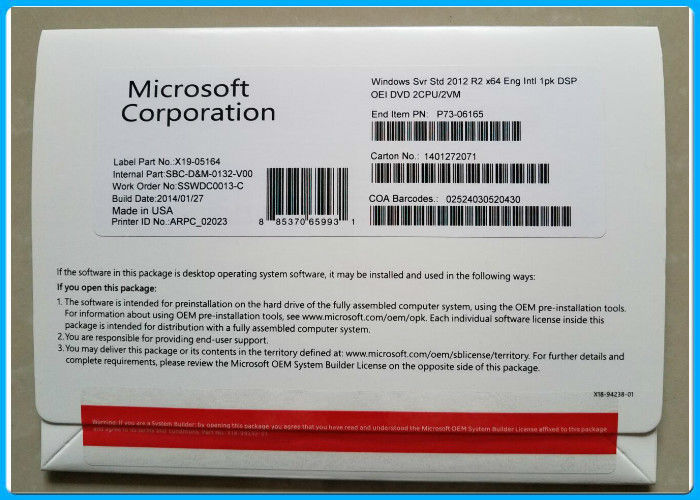Microsoft windows server 2012 r2 standard 64 DSP OEI DVD &amp; COA - 2CPU / 2V