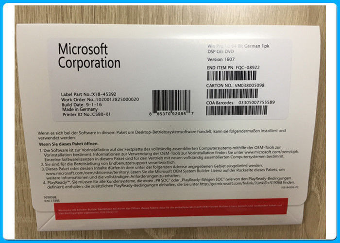 German Language Windows10 pro OEM 64 BIT DVD with COA package Original