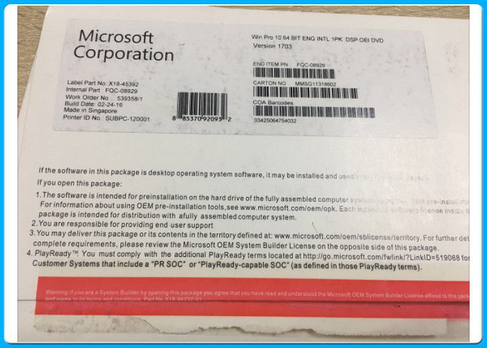 حرفه ای نسخه اصلی مایکروسافت ویندوز 10 Pro Oem 64 بیتی نسخه DVD 1703